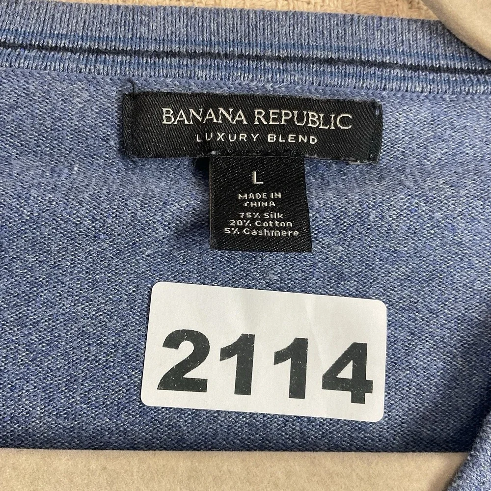 Banana Republic Mens Large Blue V-Neck Luxury Blend Sweater Cashmere Silk Cotton